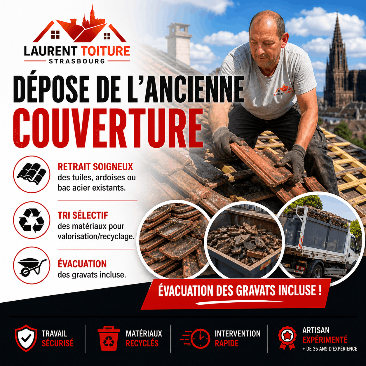 dépose de l'ancienne couverture. retrait soigneux des tuiles, ardoises ou bac acier existants
