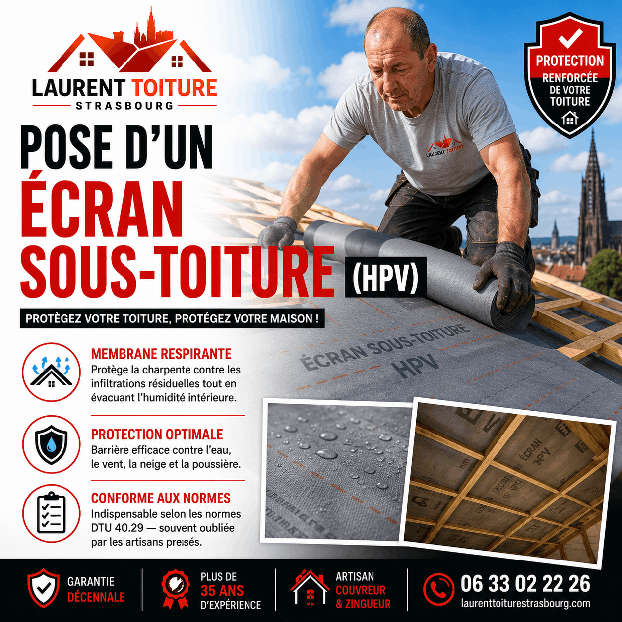 pose d'un écran sous toiture (hpv) membrane respirante qui protège la charpente contre les infiltrations résiduelles tout en évacuant l'humidité intérieure.